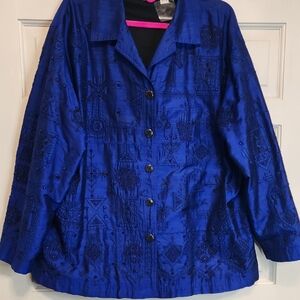 Chico's or Royal Blue Top/blouse/ Coat w/ Black Lining Beads & Embroidery